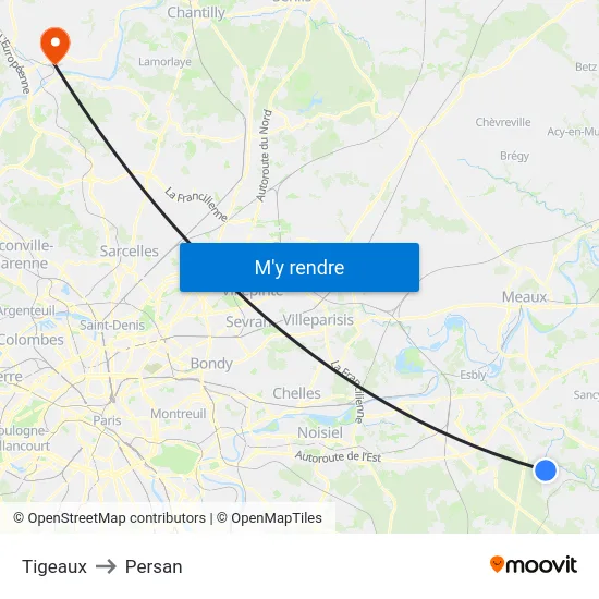 Tigeaux to Persan map
