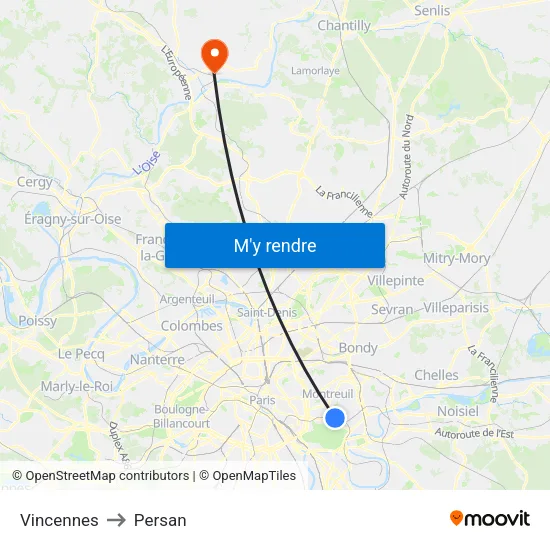 Vincennes to Persan map