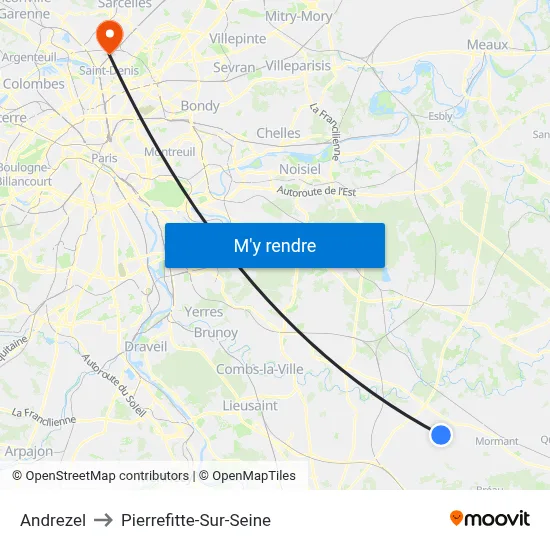 Andrezel to Pierrefitte-Sur-Seine map