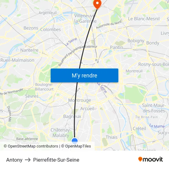 Antony to Pierrefitte-Sur-Seine map