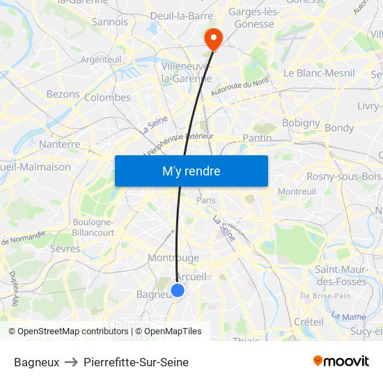 Bagneux to Pierrefitte-Sur-Seine map