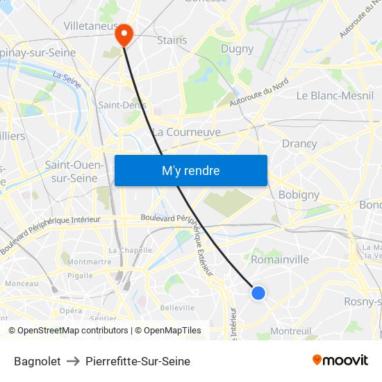 Bagnolet to Pierrefitte-Sur-Seine map