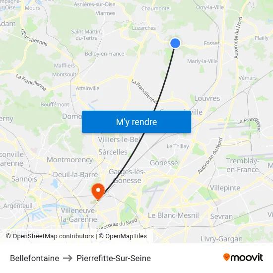 Bellefontaine to Pierrefitte-Sur-Seine map