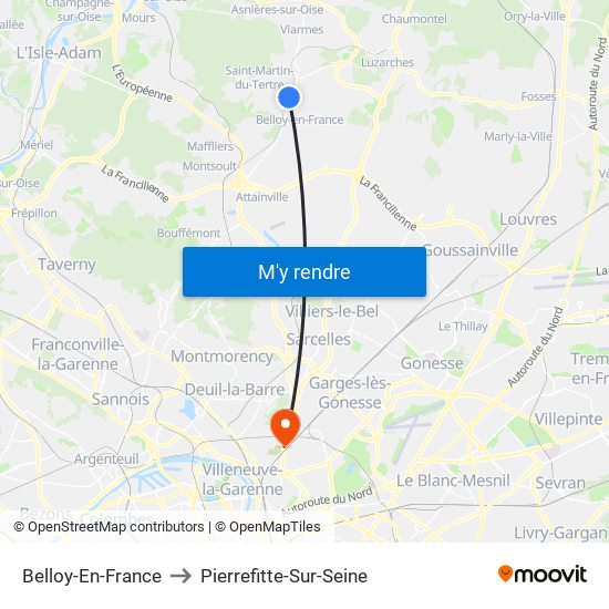 Belloy-En-France to Pierrefitte-Sur-Seine map