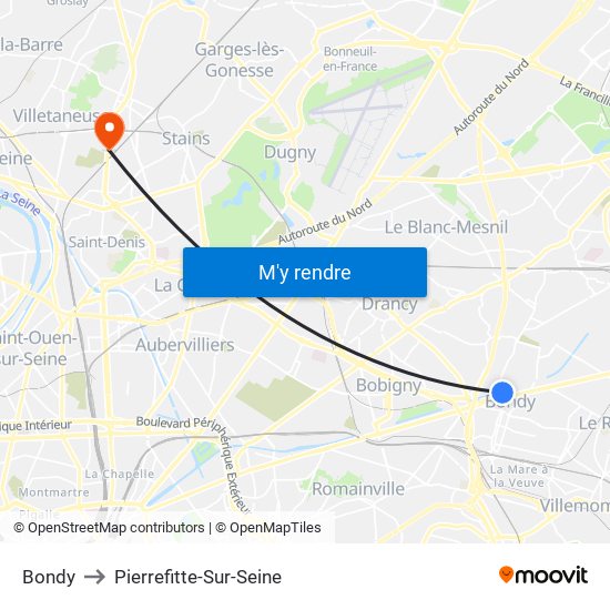 Bondy to Pierrefitte-Sur-Seine map