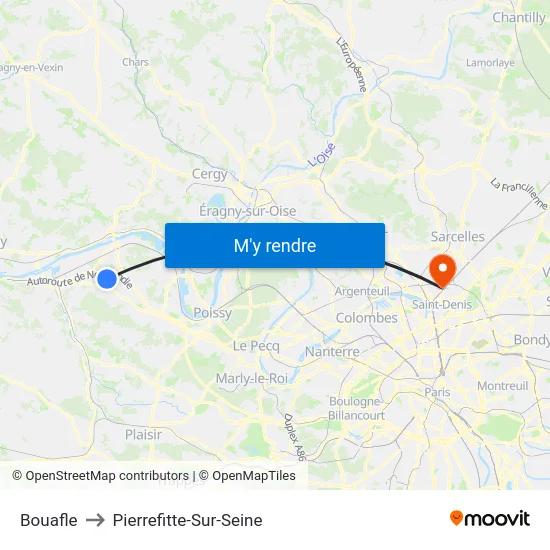 Bouafle to Pierrefitte-Sur-Seine map