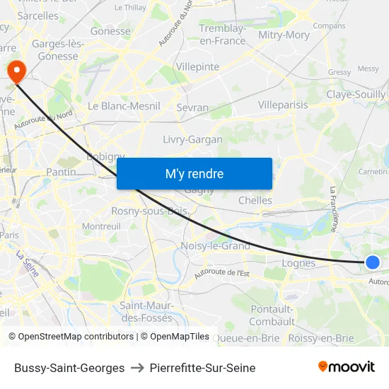 Bussy-Saint-Georges to Pierrefitte-Sur-Seine map