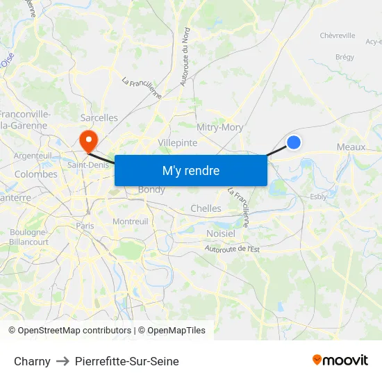 Charny to Pierrefitte-Sur-Seine map