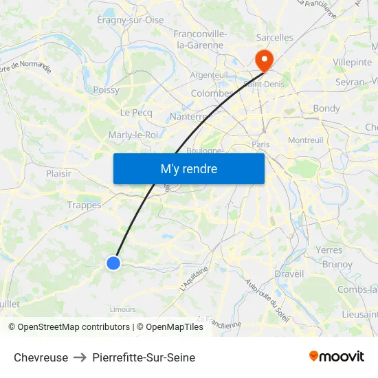 Chevreuse to Pierrefitte-Sur-Seine map
