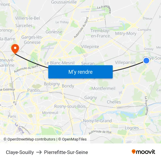 Claye-Souilly to Pierrefitte-Sur-Seine map