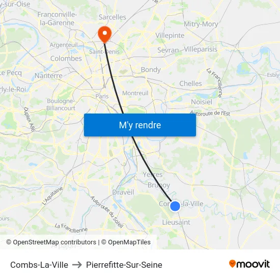 Combs-La-Ville to Pierrefitte-Sur-Seine map