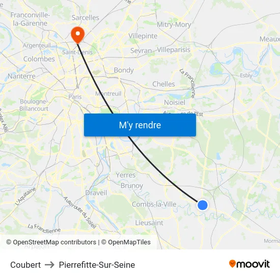 Coubert to Pierrefitte-Sur-Seine map
