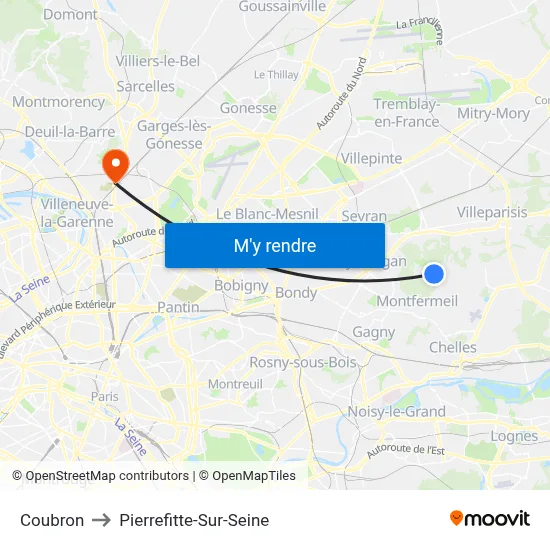 Coubron to Pierrefitte-Sur-Seine map