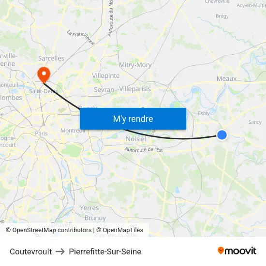 Coutevroult to Pierrefitte-Sur-Seine map
