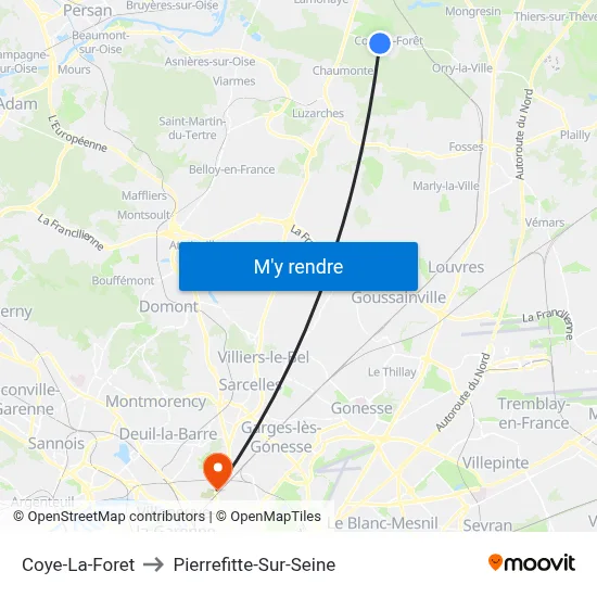 Coye-La-Foret to Pierrefitte-Sur-Seine map