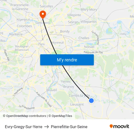 Evry-Gregy-Sur-Yerre to Pierrefitte-Sur-Seine map