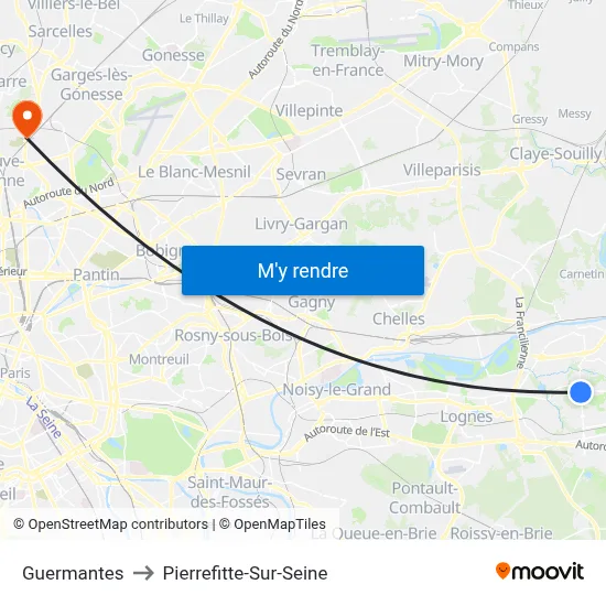 Guermantes to Pierrefitte-Sur-Seine map