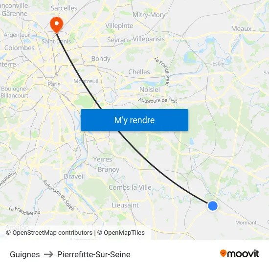 Guignes to Pierrefitte-Sur-Seine map