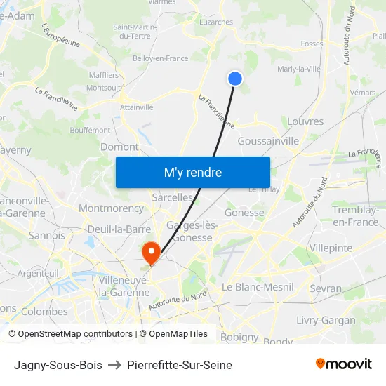 Jagny-Sous-Bois to Pierrefitte-Sur-Seine map