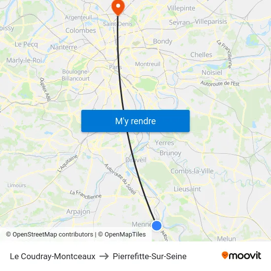 Le Coudray-Montceaux to Pierrefitte-Sur-Seine map