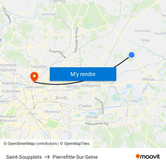 Saint-Soupplets to Pierrefitte-Sur-Seine map