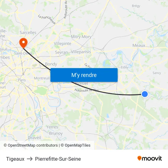 Tigeaux to Pierrefitte-Sur-Seine map