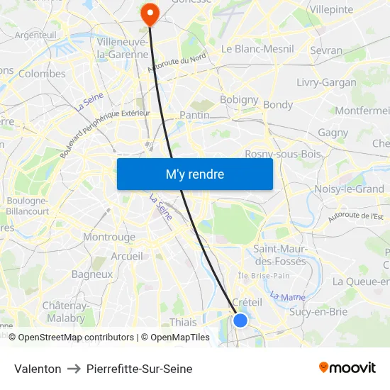 Valenton to Pierrefitte-Sur-Seine map