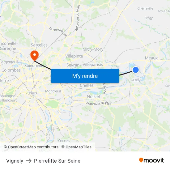 Vignely to Pierrefitte-Sur-Seine map