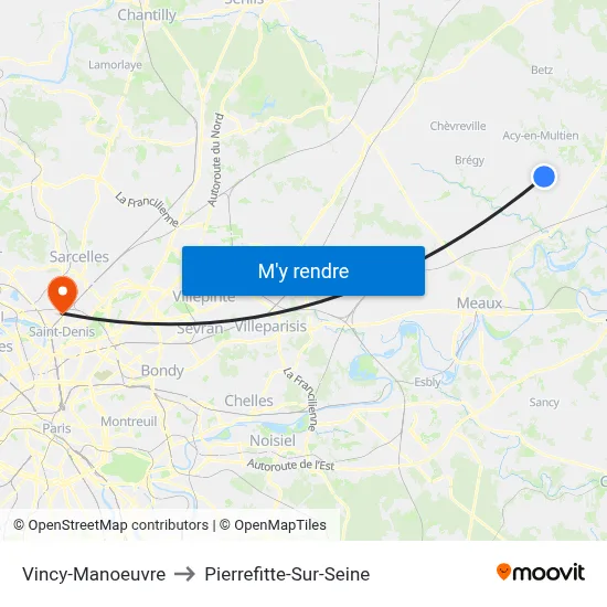 Vincy-Manoeuvre to Pierrefitte-Sur-Seine map