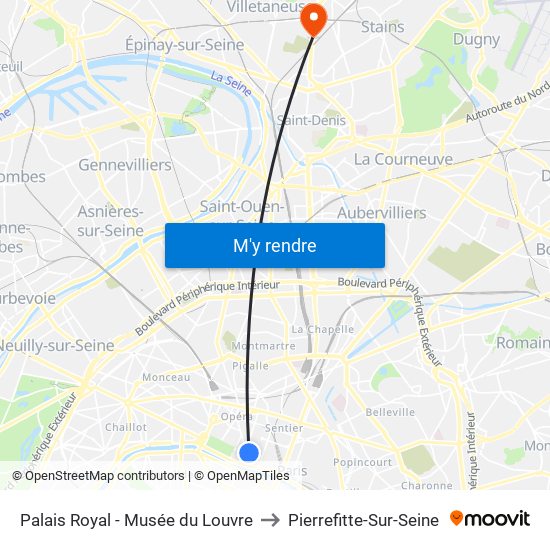 Palais Royal - Musée du Louvre to Pierrefitte-Sur-Seine map