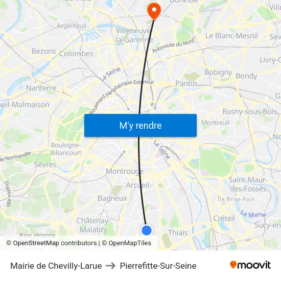 Mairie de Chevilly-Larue to Pierrefitte-Sur-Seine map