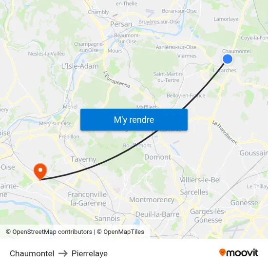 Chaumontel to Pierrelaye map