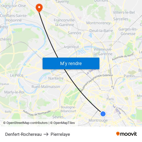 Denfert-Rochereau to Pierrelaye map