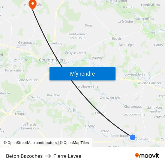 Beton-Bazoches to Pierre-Levee map