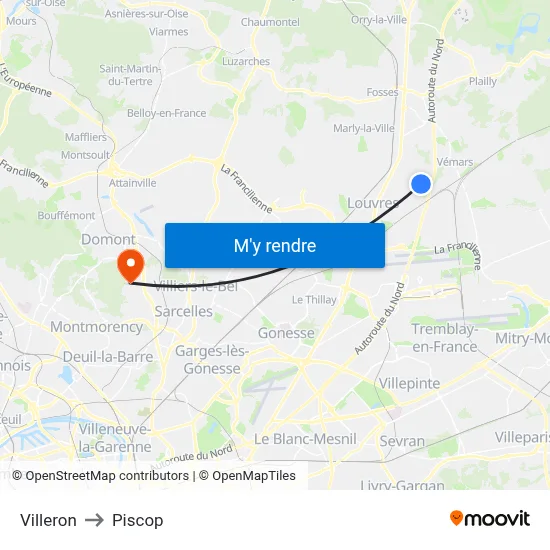 Villeron to Piscop map