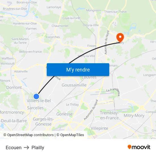 Ecouen to Plailly map