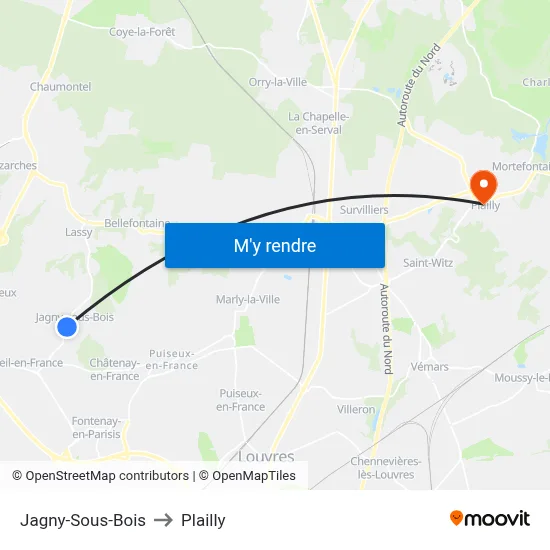 Jagny-Sous-Bois to Plailly map