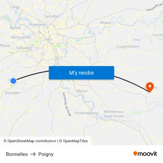 Bonnelles to Poigny map