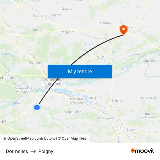 Dormelles to Poigny map