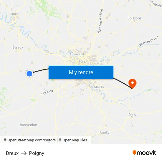 Dreux to Poigny map