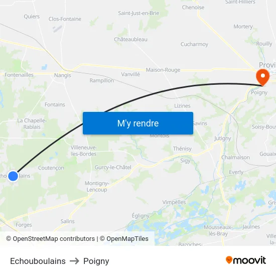 Echouboulains to Poigny map