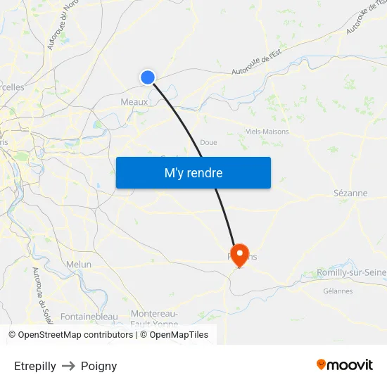 Etrepilly to Poigny map