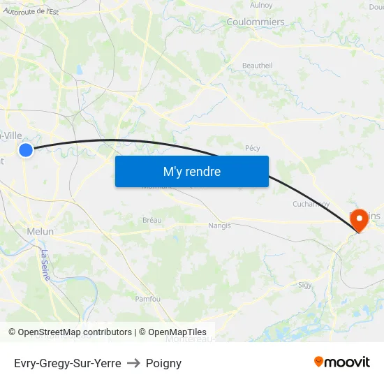 Evry-Gregy-Sur-Yerre to Poigny map