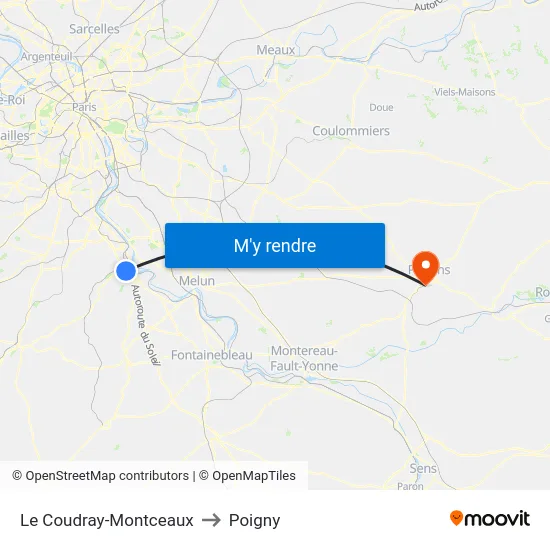 Le Coudray-Montceaux to Poigny map