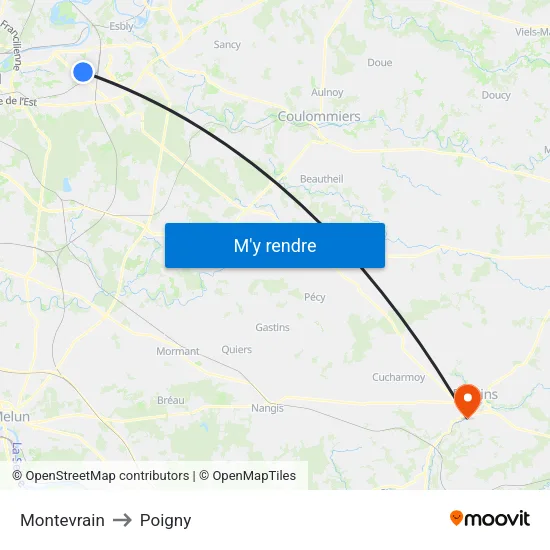 Montevrain to Poigny map