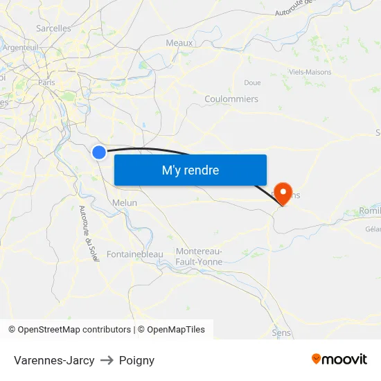 Varennes-Jarcy to Poigny map