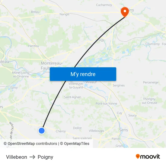 Villebeon to Poigny map