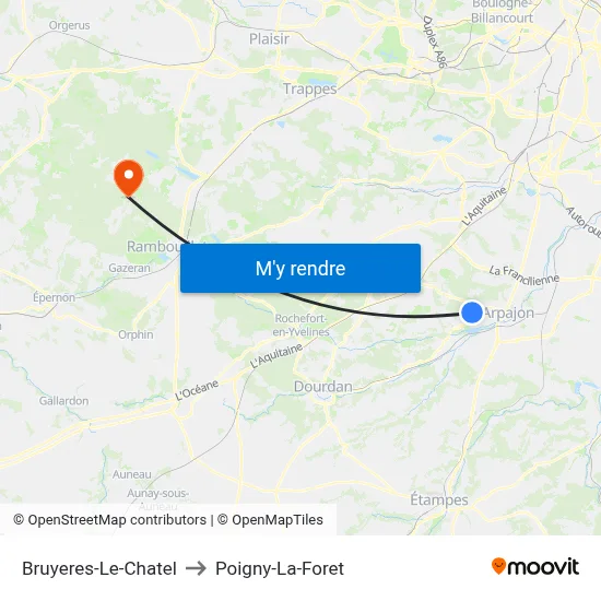 Bruyeres-Le-Chatel to Poigny-La-Foret map