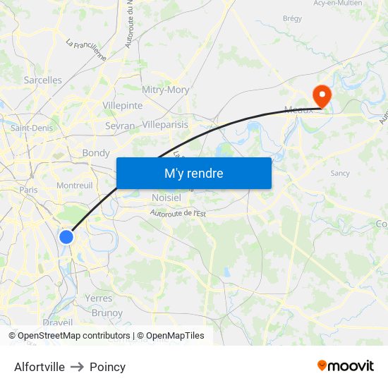 Alfortville to Poincy map