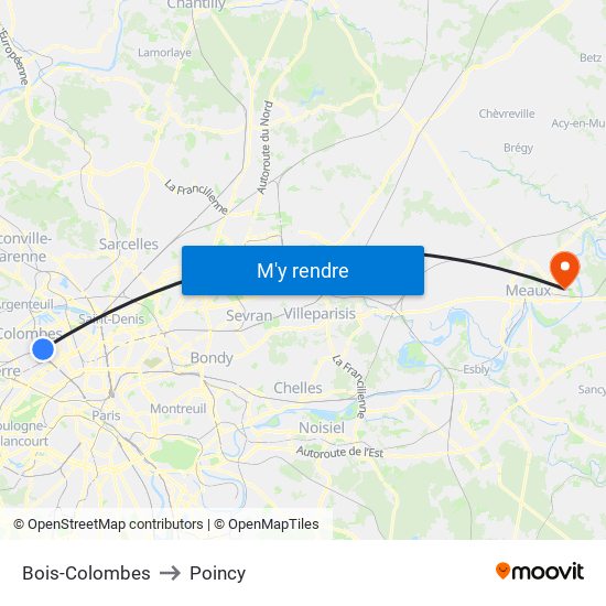 Bois-Colombes to Poincy map